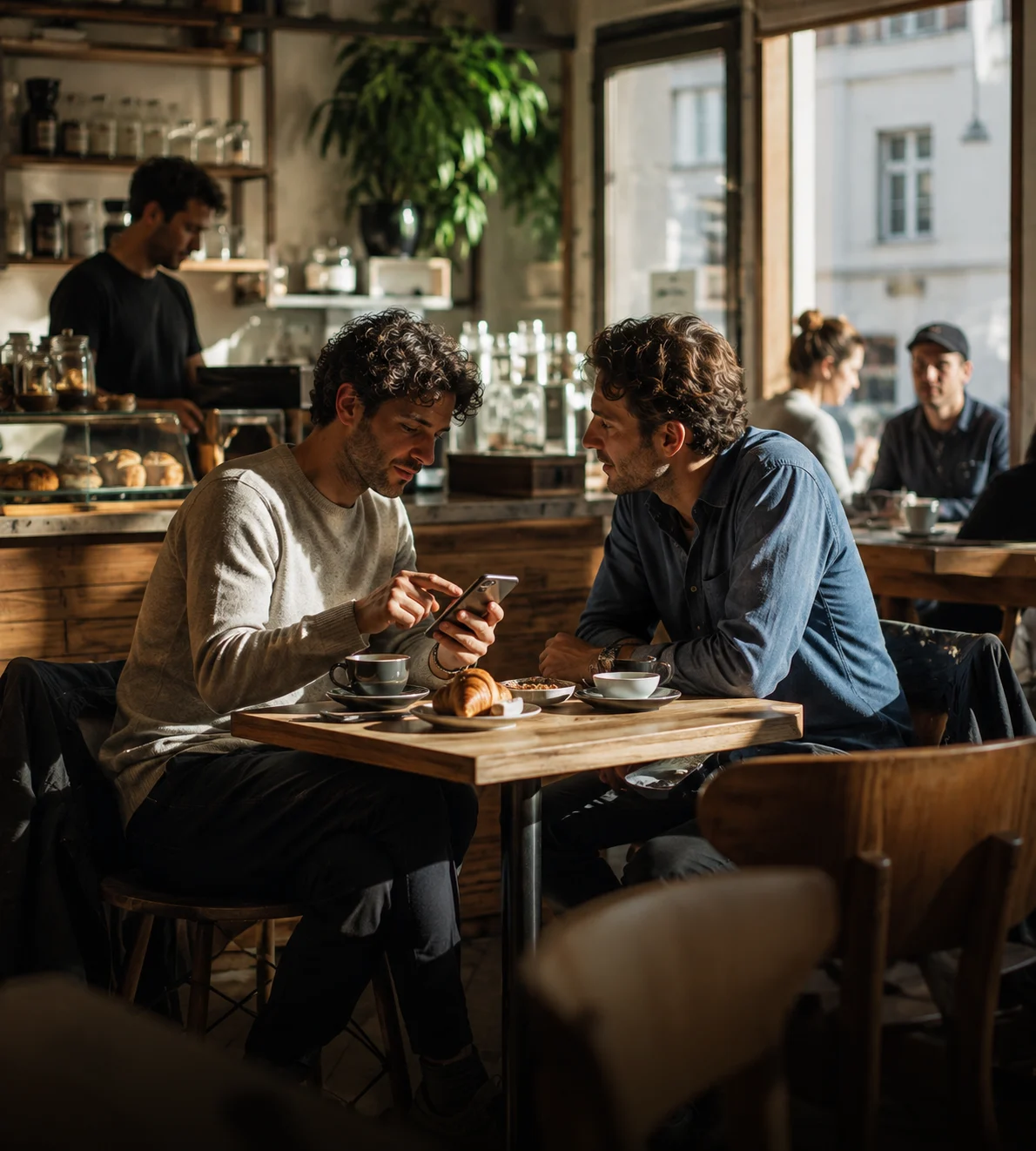 Two café guests using AI Waiter on a phone