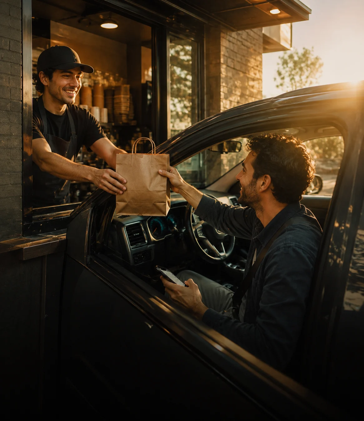 Drive-thru guest receiving an order from restaurant staff