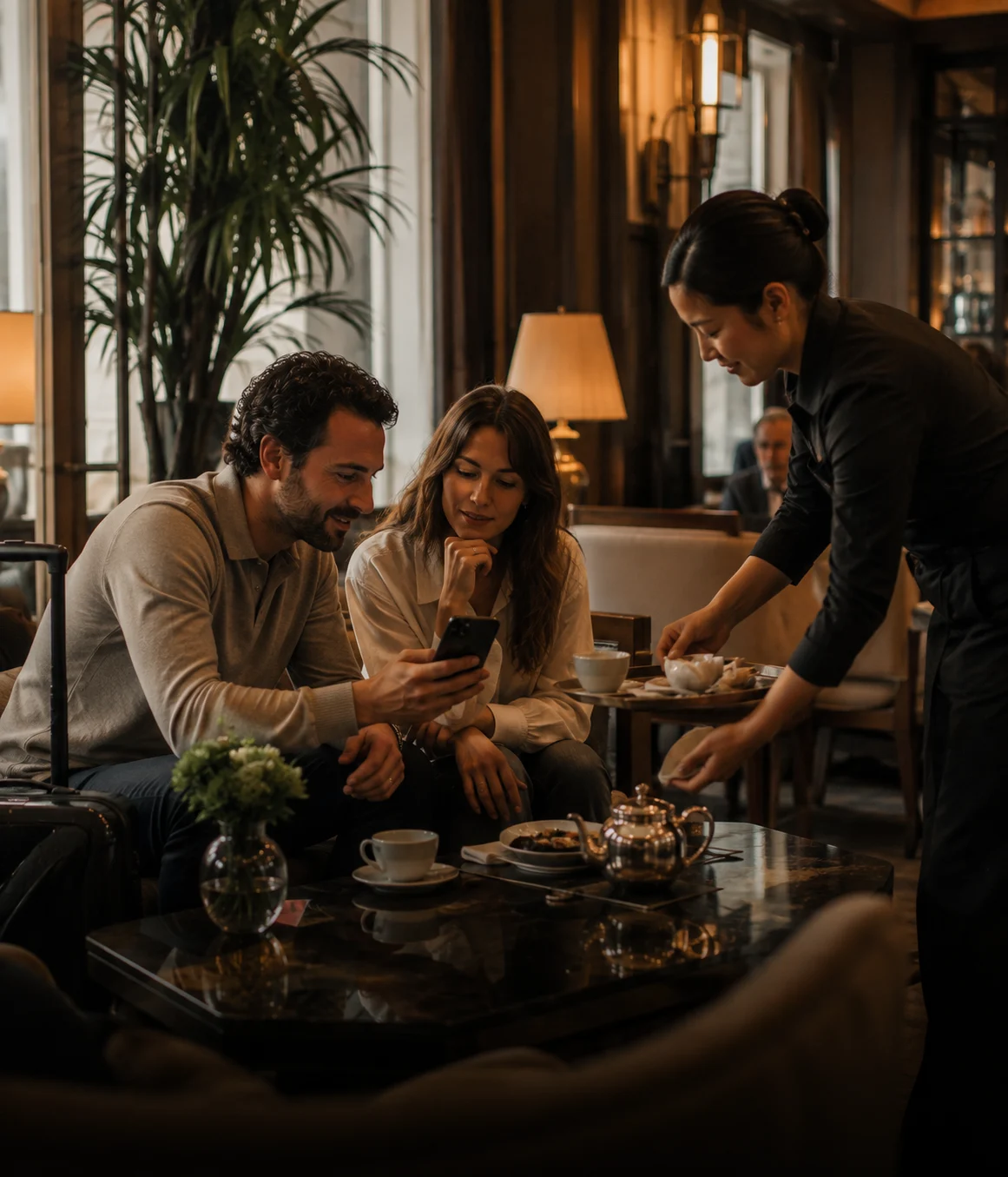 Hotel guests using AI Waiter during lounge service